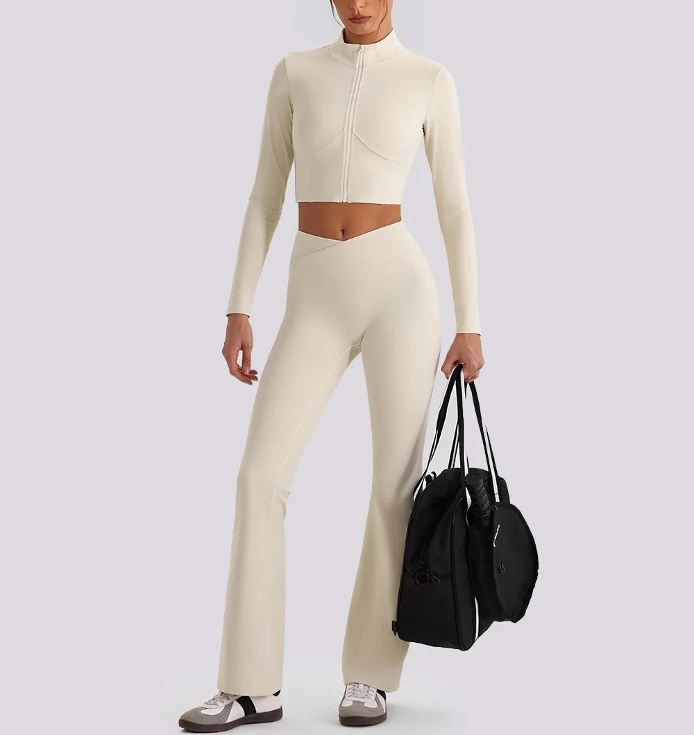 Women's yoga exercise set with backless tank top and high waist wide leg pants for gym and workout