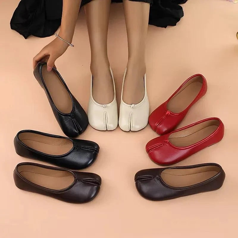 Artisan crafted soft leather tabi ballet slippers with split-toe design and flexible rubber outsole