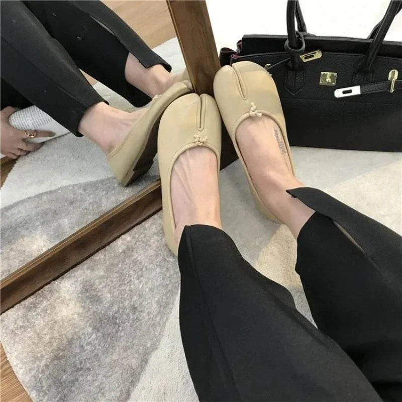 Artisan crafted soft leather tabi ballet slippers with split-toe design and flexible rubber outsole
