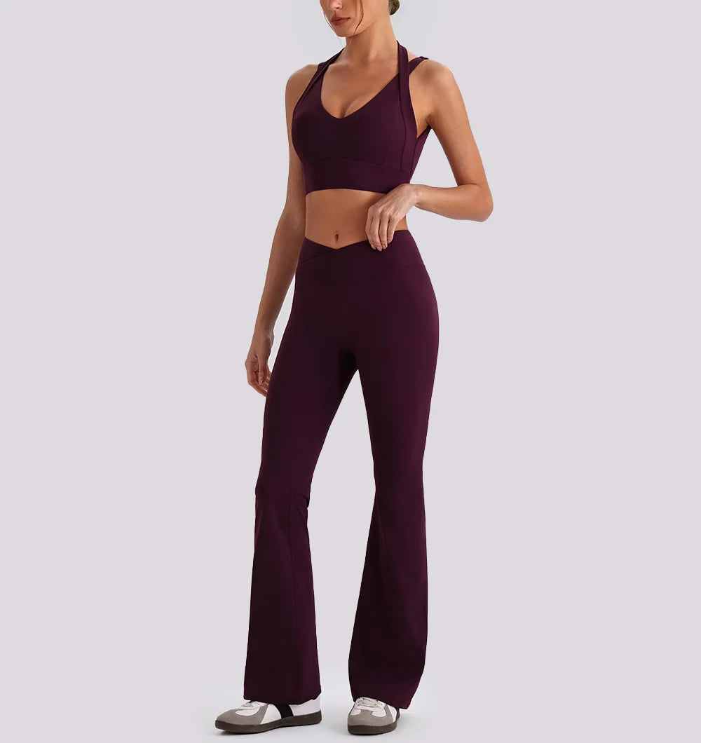 Women's yoga exercise set with backless V-neck tank top and high waist wide leg pants