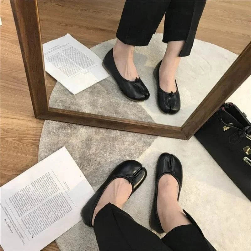 Artisan crafted soft leather tabi ballet slippers with split-toe design and flexible rubber sole
