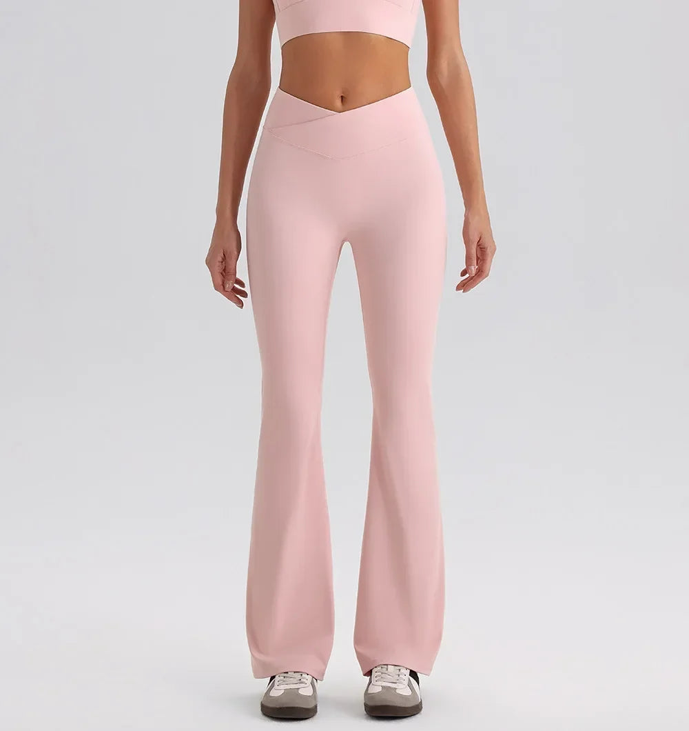 Women’s yoga exercise set with backless V-neck tank top and high waist wide leg pants