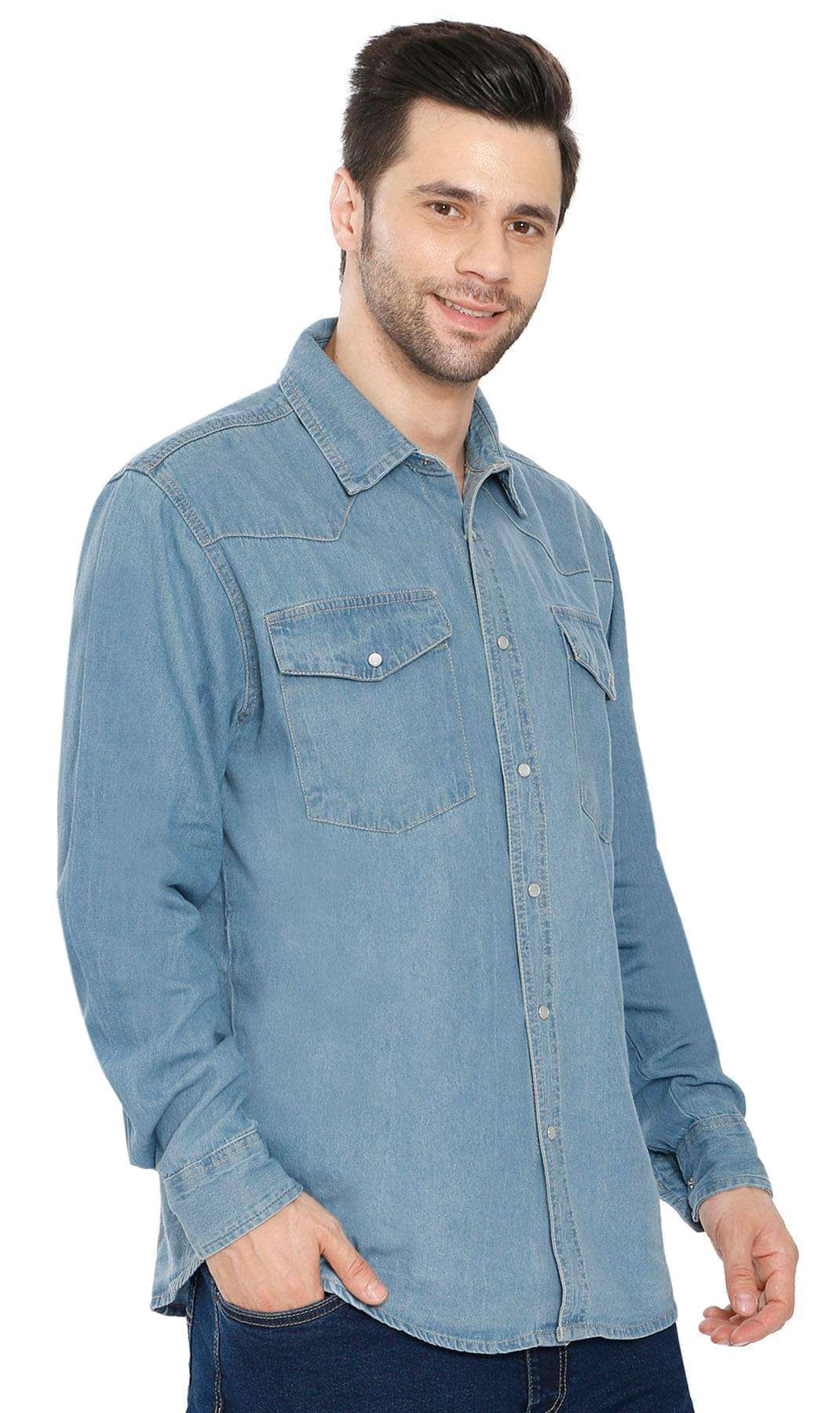 Men's western snap button shirt in denim and twill with stitched yoke and dual chest pockets