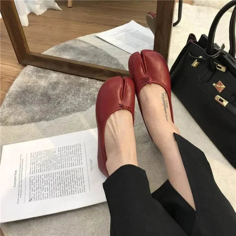 Artisan crafted soft leather tabi ballet slippers with split-toe design and flexible rubber sole