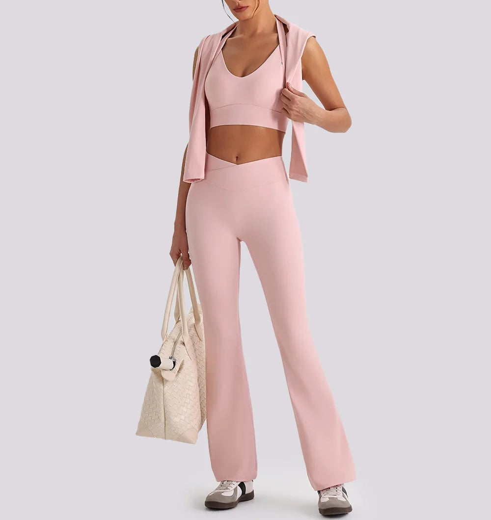 Women's yoga exercise set featuring backless V-neck tank top and high waist wide leg pants for gym and running