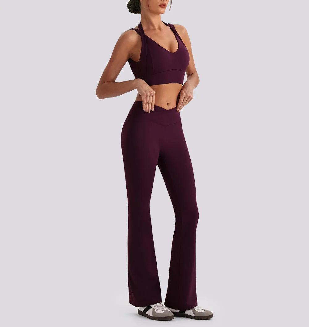 Women's yoga exercise set with backless V-neck tank top and high waist wide leg pants