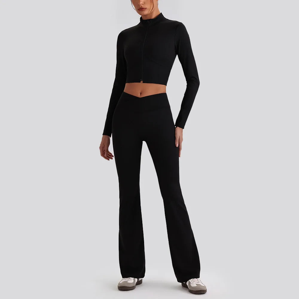 Women's yoga exercise set with backless V-neck tank top and high-waist wide-leg pants for gym and running