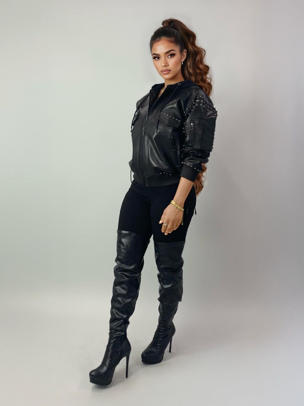 Apple Bottoms brand genuine soft leather bomber jacket with corset lacing and detachable fleece hood
