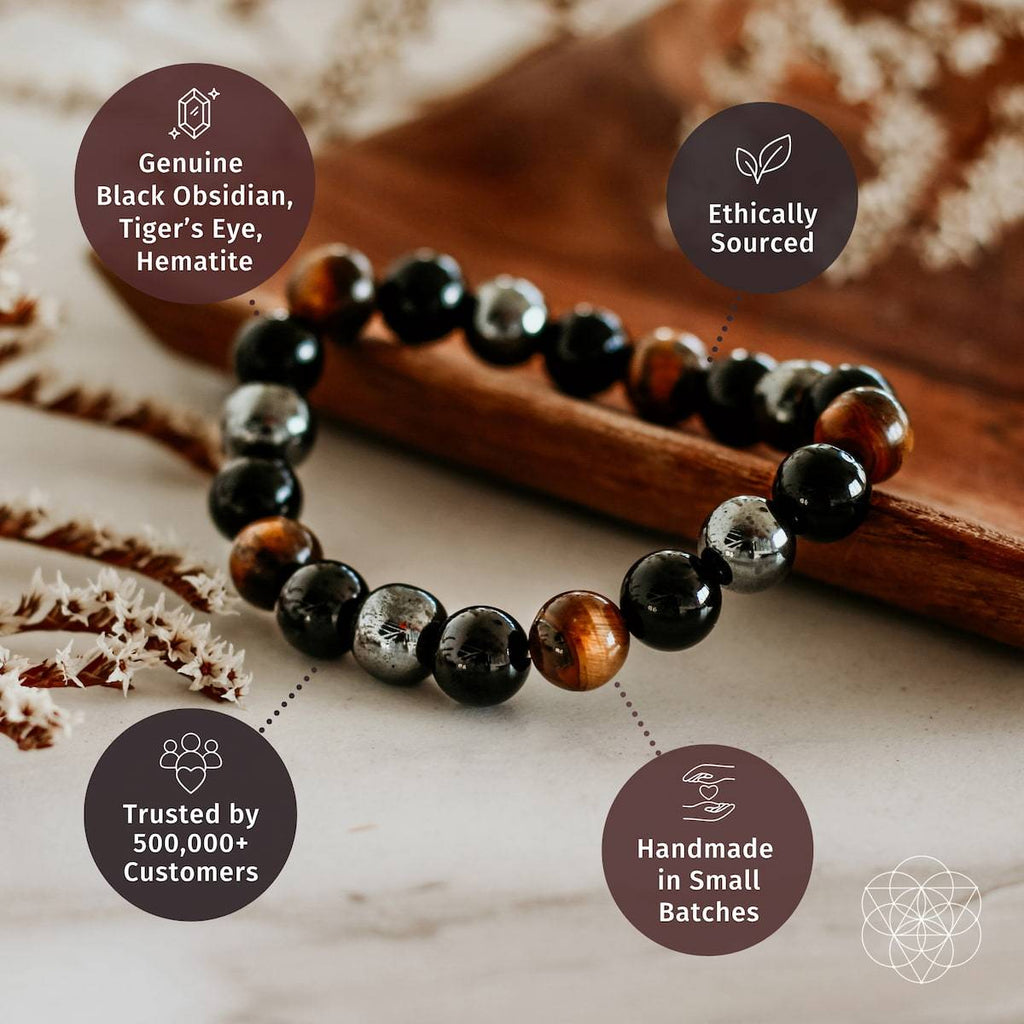 Triple Protection Bracelet with Hematite, Black Obsidian, and Tiger’s Eye gemstones on adjustable black cord