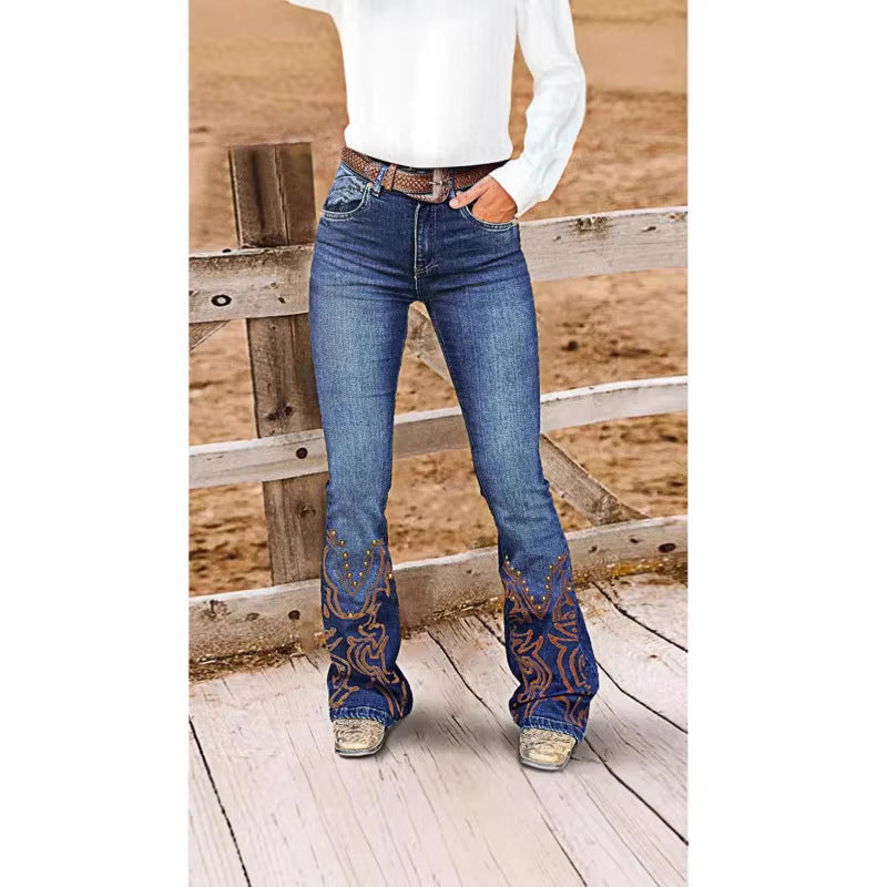 Womens retro beaded embroidered stretch denim jeans with mid-rise waist and flare legs