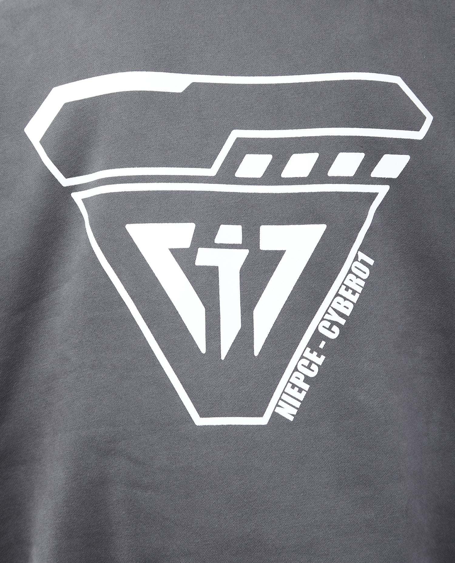 Niepce Cyber01 Hoodie with embroidered i-tech logo, Japanese kanji sleeve print, and machinery graphic on back, made from preshrunk cotton and triple-layer fleece lining for warmth and durability