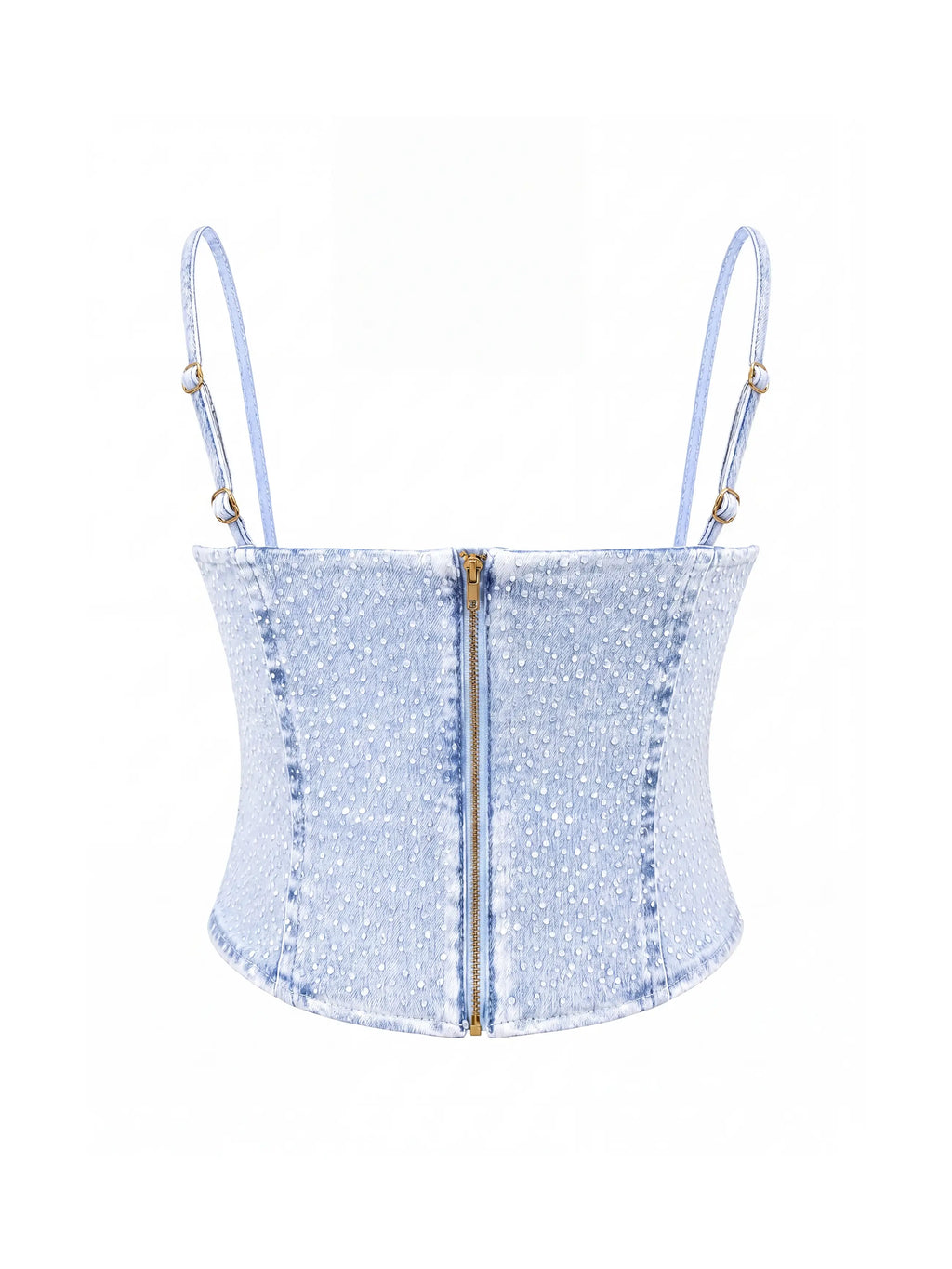 Medium wash denim Rain On Me Corset with crystal raindrop embellishments, gold back zipper, and removable chain straps
