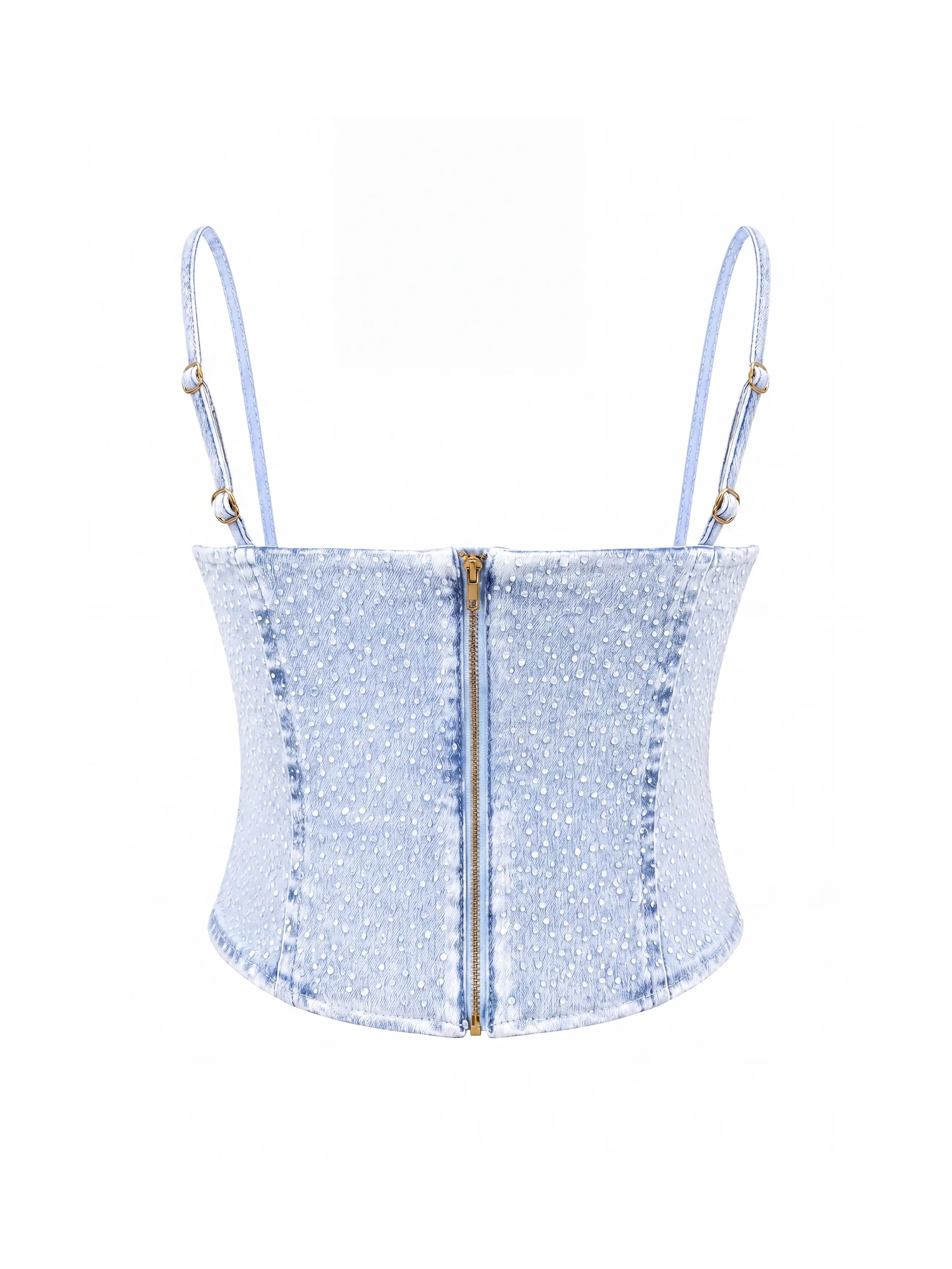 Medium wash denim Rain On Me Corset with crystal raindrop embellishments, gold back zipper, and removable chain straps