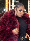 Red Delicious Y2K fur jacket with bold collar and cropped fit for stylish warmth