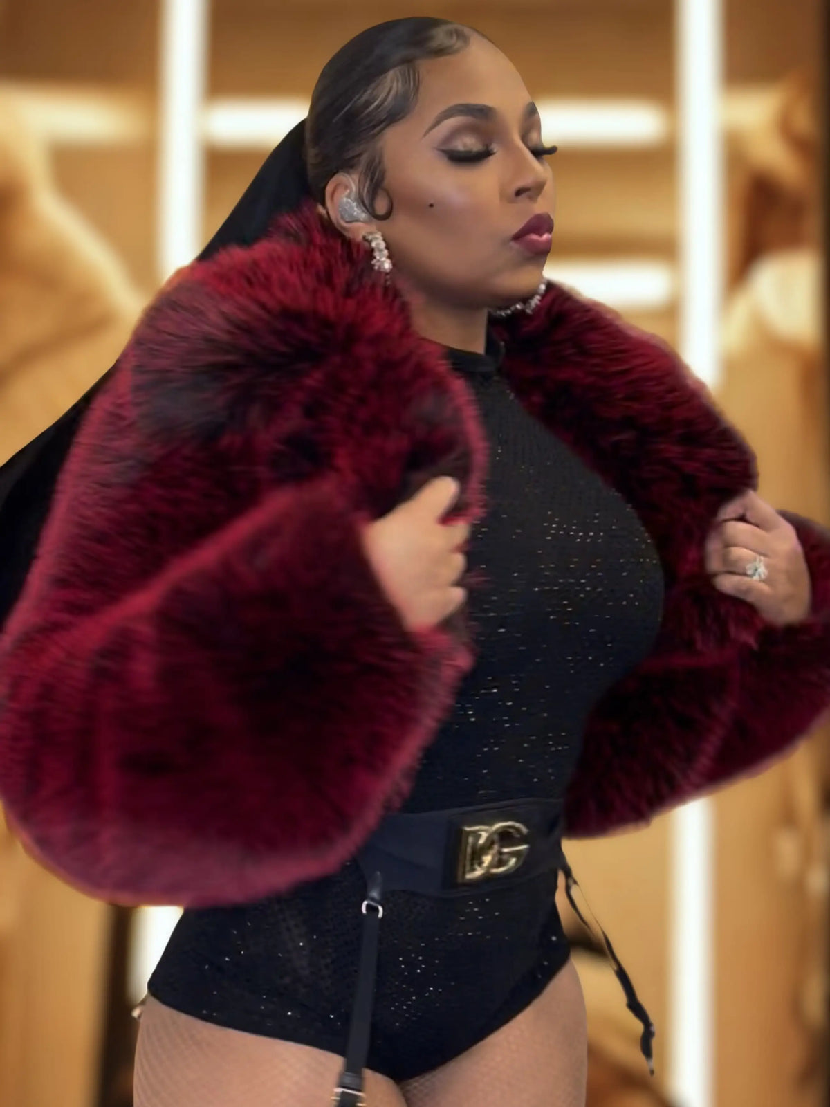 Red Delicious Y2K Fur Jacket by Apple Bottoms with exaggerated collar and cropped hem in vibrant red
