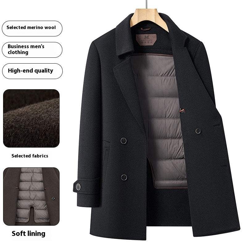 Men's mid-length double-sided wool overcoat with suit collar and rabbit fur exterior