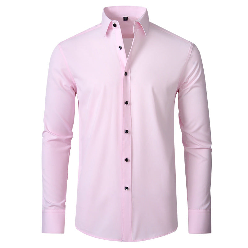 Man wearing four-way stretch wrinkle-resistant lightweight mens non-iron office shirt