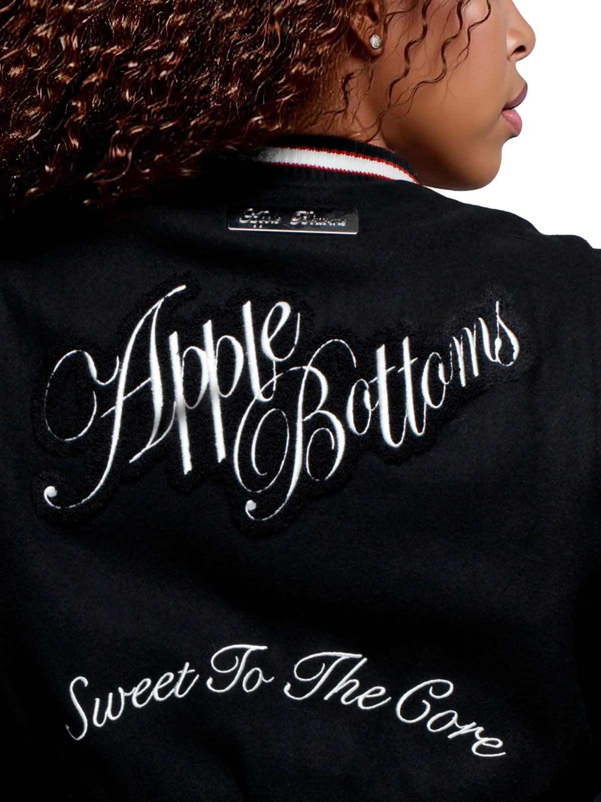 Apple Bottoms varsity jacket with removable sleeves featuring wool body and vegan leather details