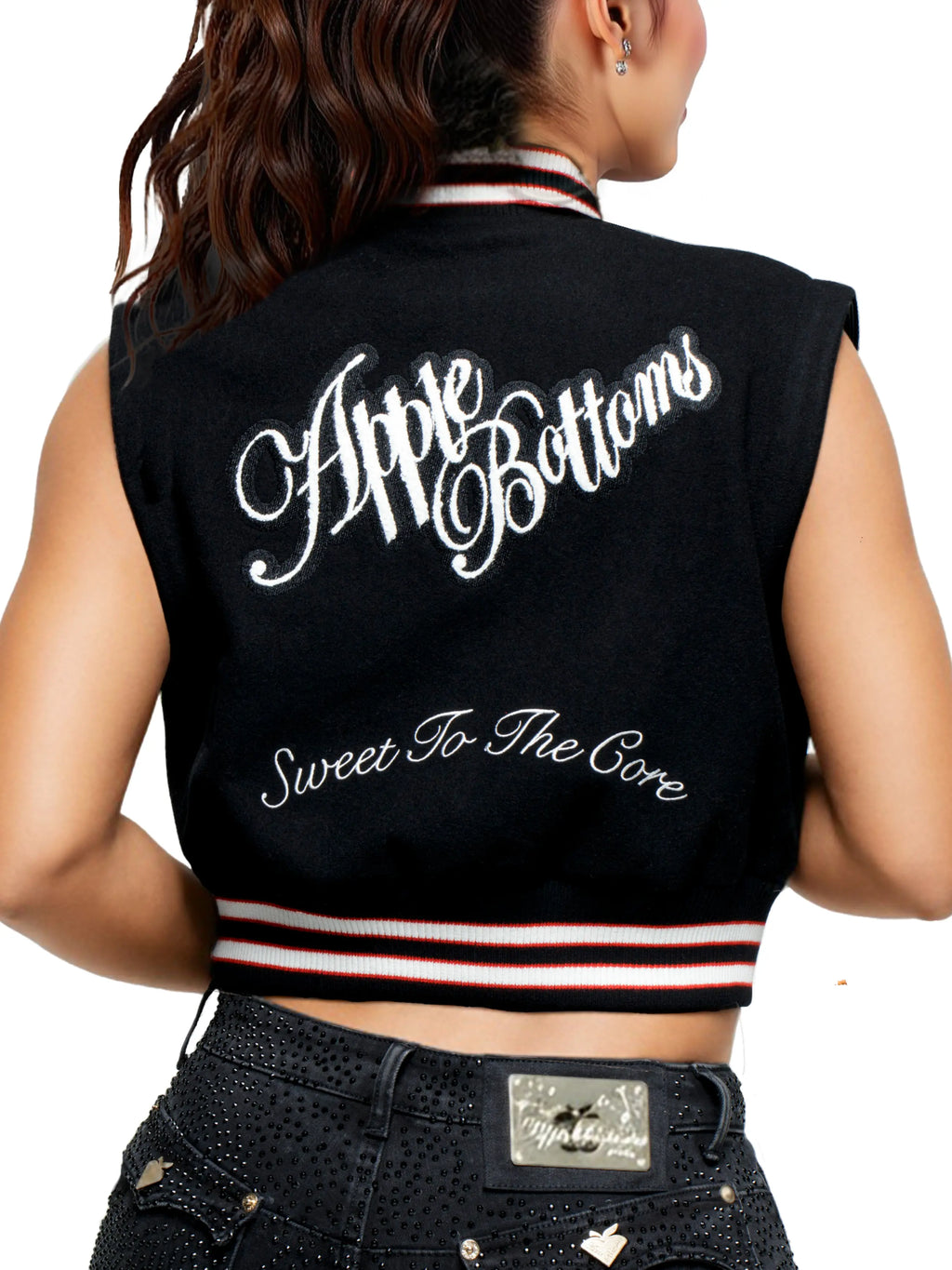 Apple Bottoms brand varsity jacket with removable sleeves, wool body, vegan leather trim, and bold embroidered patches