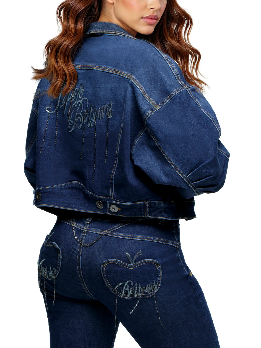 Apple Bottoms By Nelly cropped denim jacket with chain-link logo and balloon sleeves