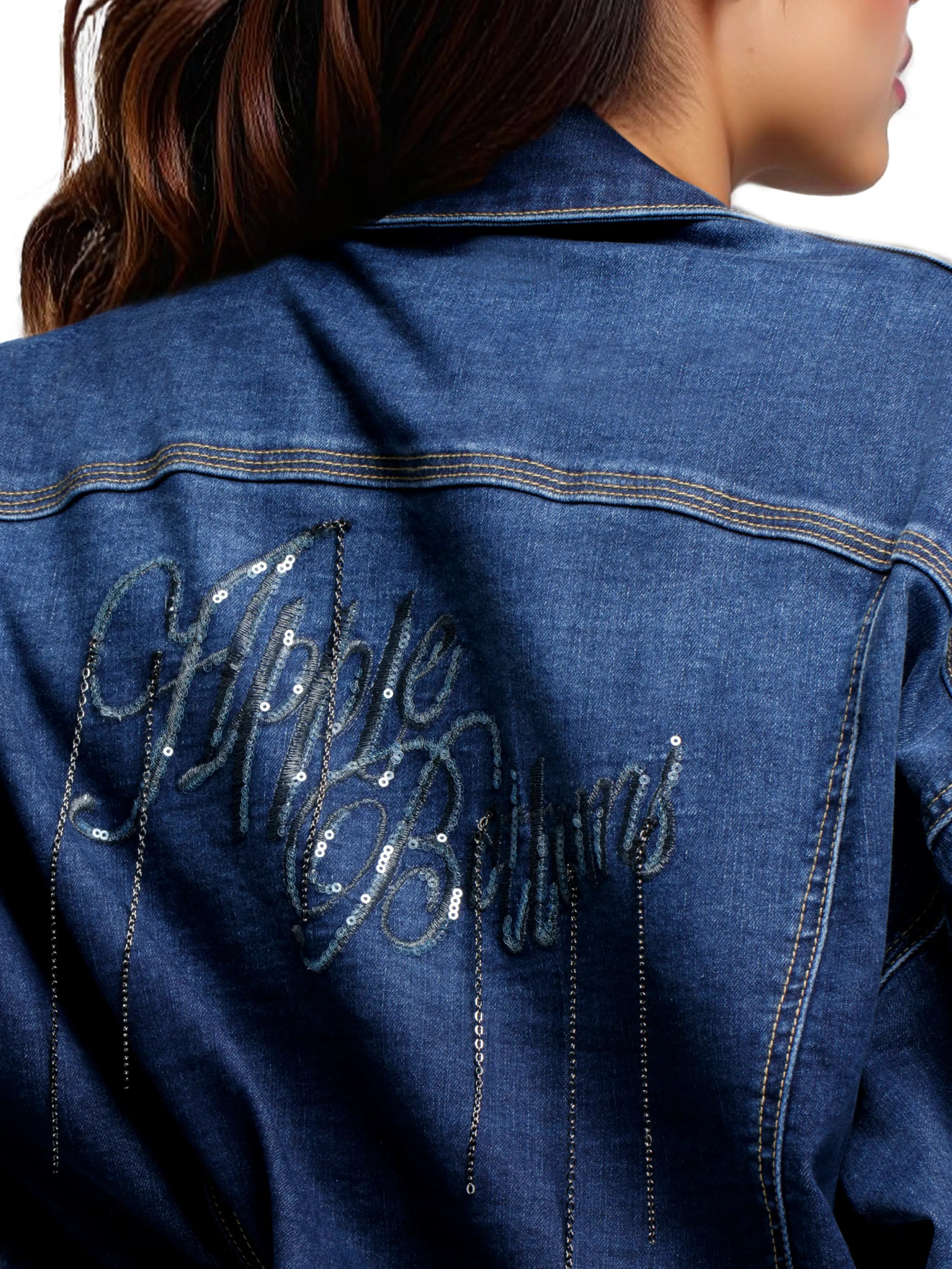 Apple Bottoms By Nelly cropped denim chain link jacket with balloon sleeves and logo detail