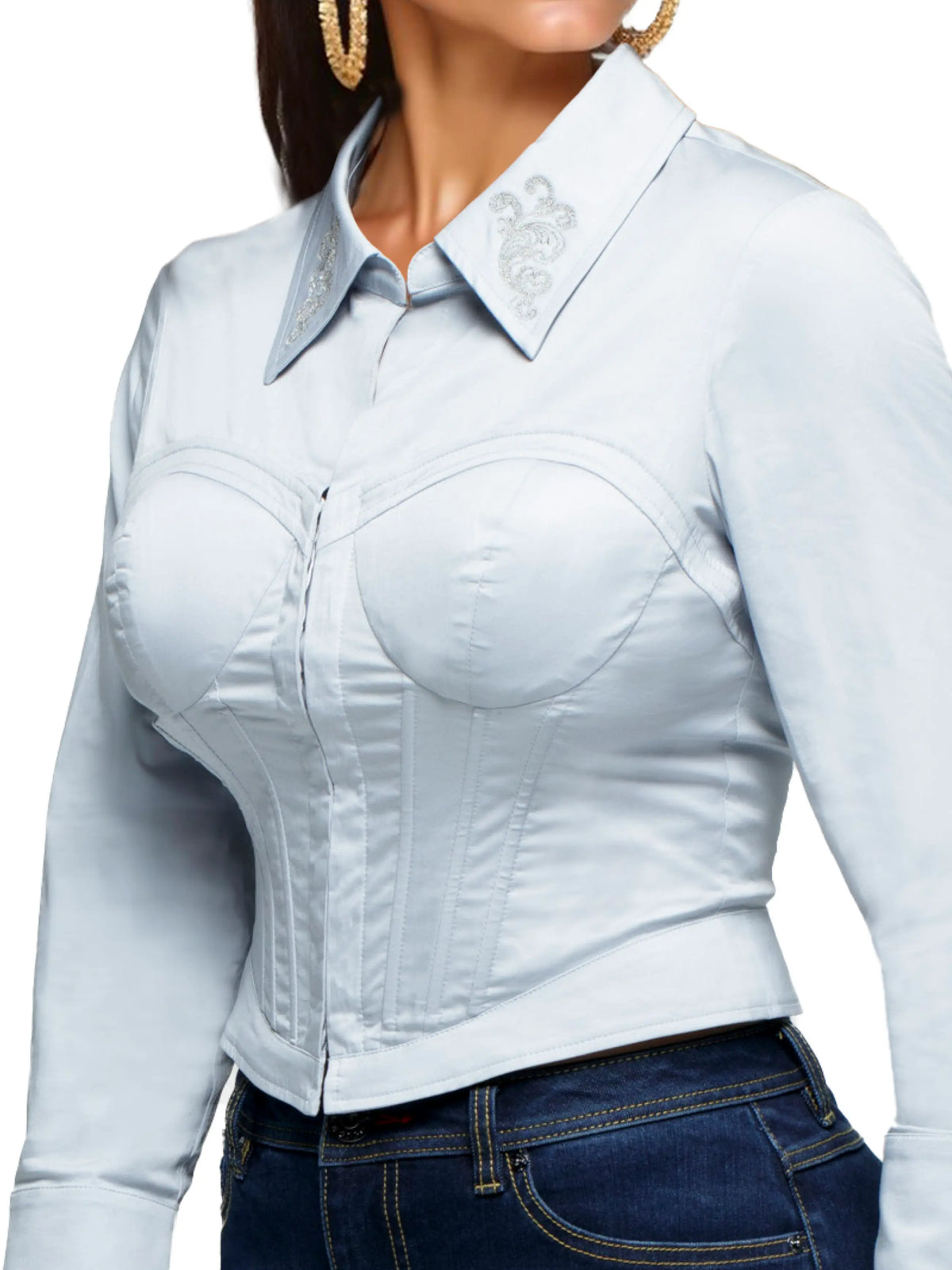 Apple Bottoms Brand Trick 'em Corset Shirt in Sky with embroidered collar and structured boning