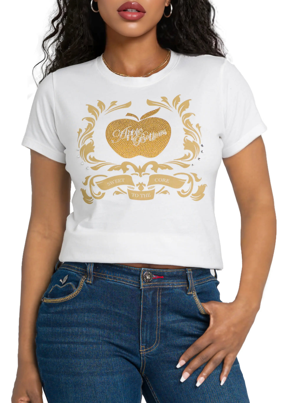 White Apple Bottoms crest tee with metallic gold graphic centered on chest