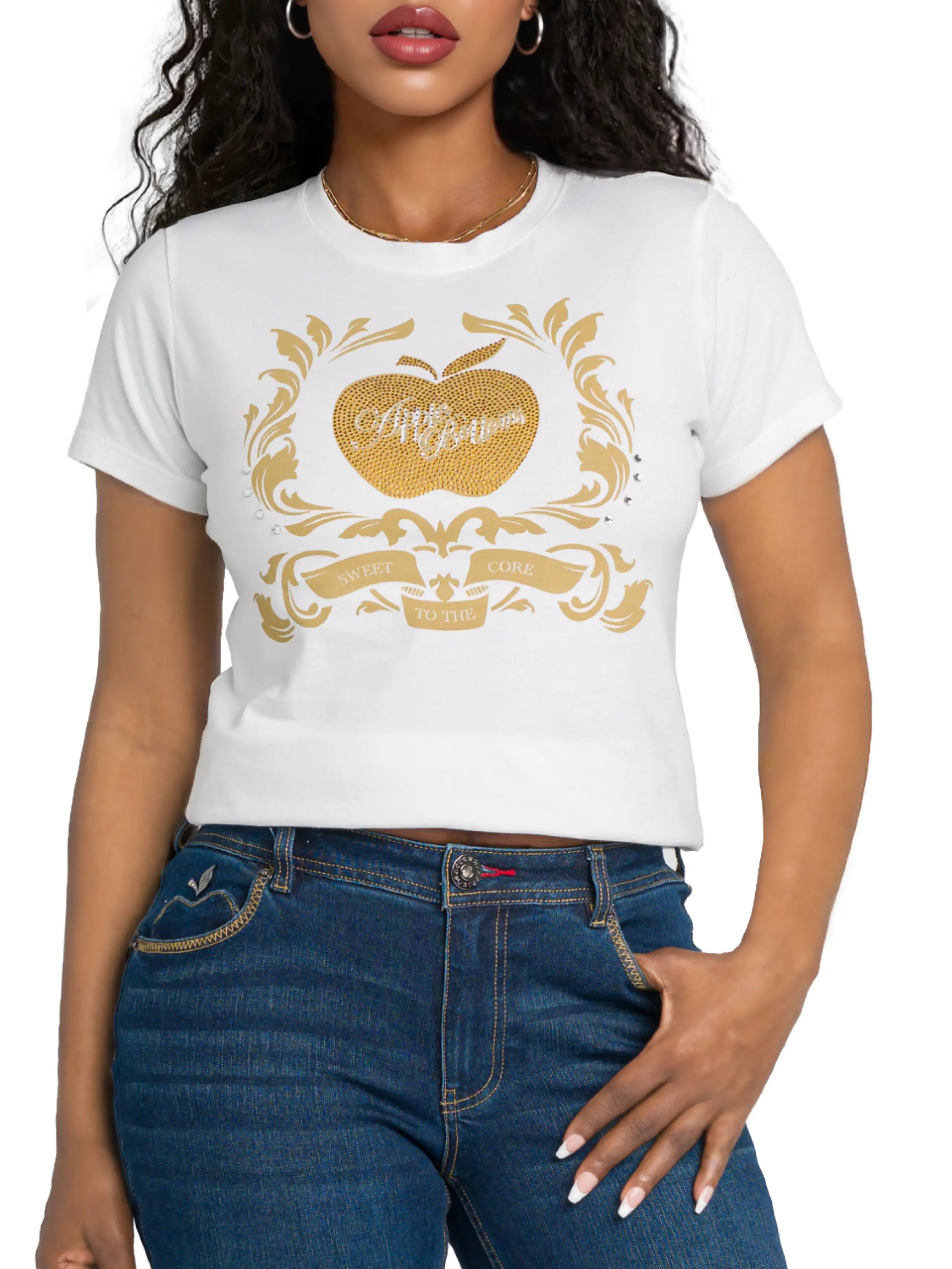 White Apple Bottoms crest tee with metallic gold graphic centered on chest