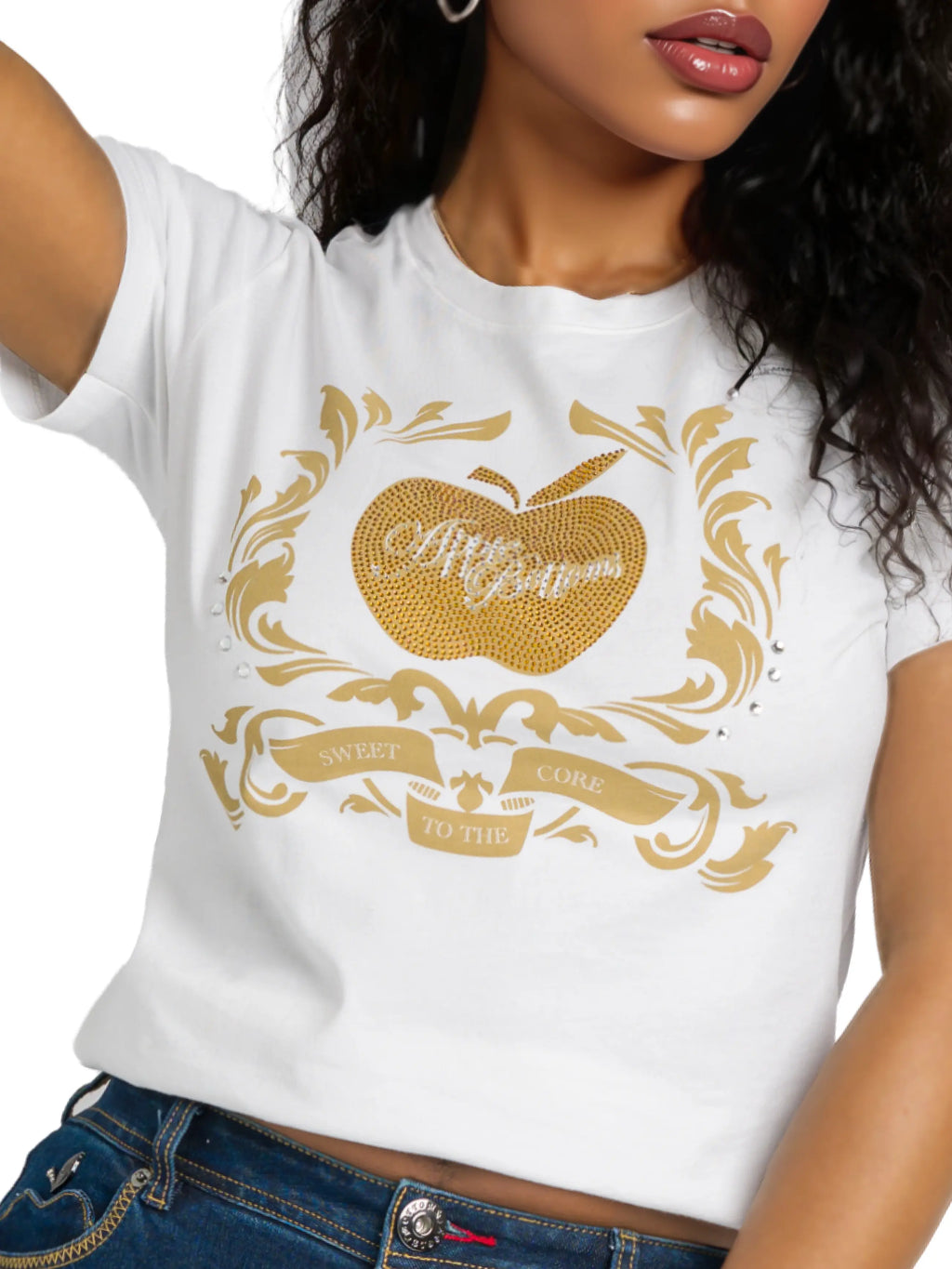 White Apple Bottoms Golden Crest Tee with front-centered metallic crest design