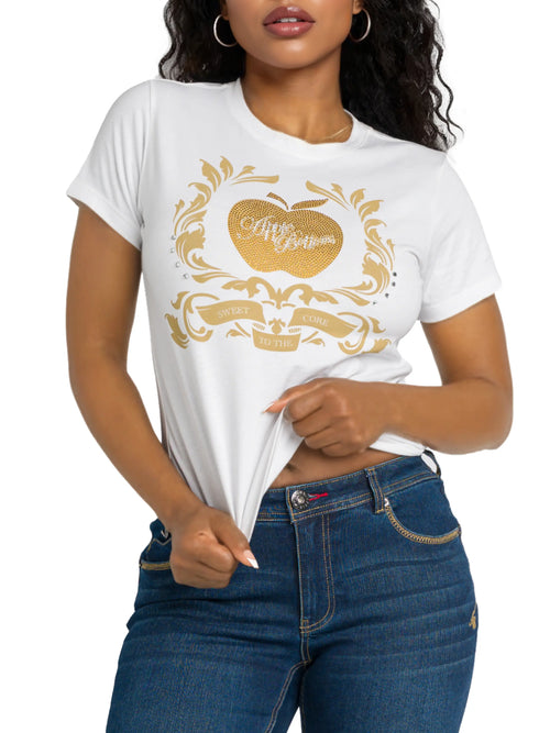 White Apple Bottoms tee with centered embellished golden crest design