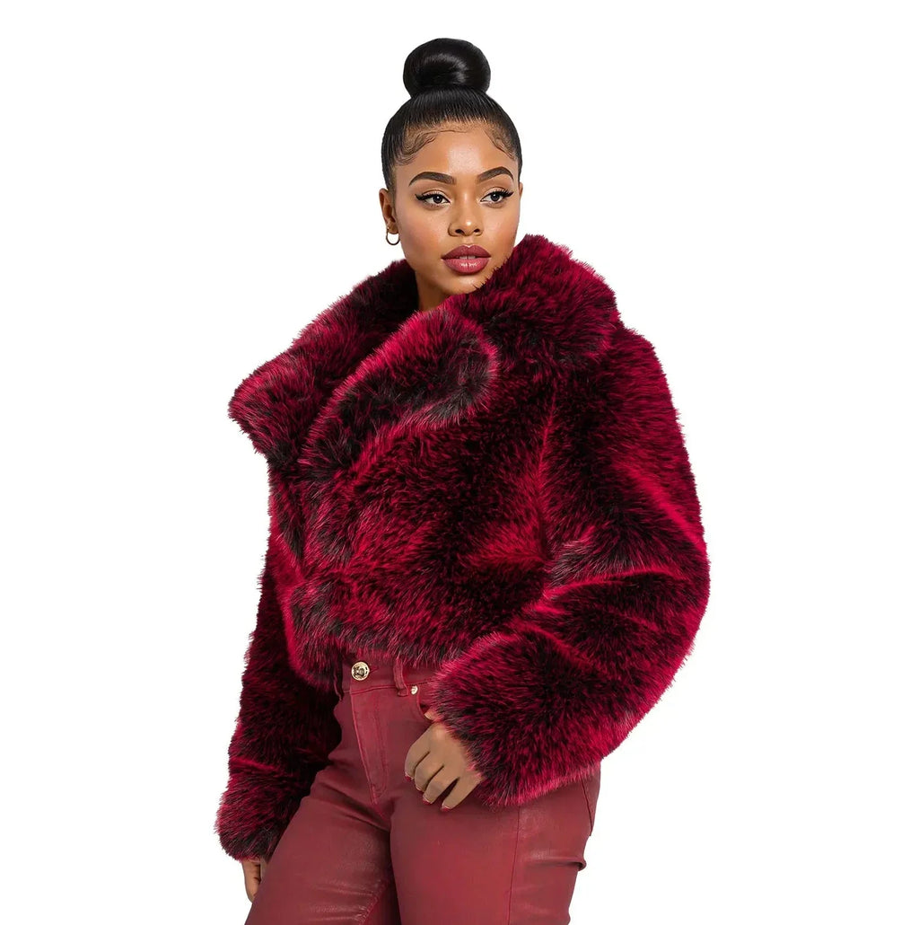 Red Delicious Y2K Fur Jacket by Apple Bottoms with exaggerated collar and cropped hem in vibrant red faux fur