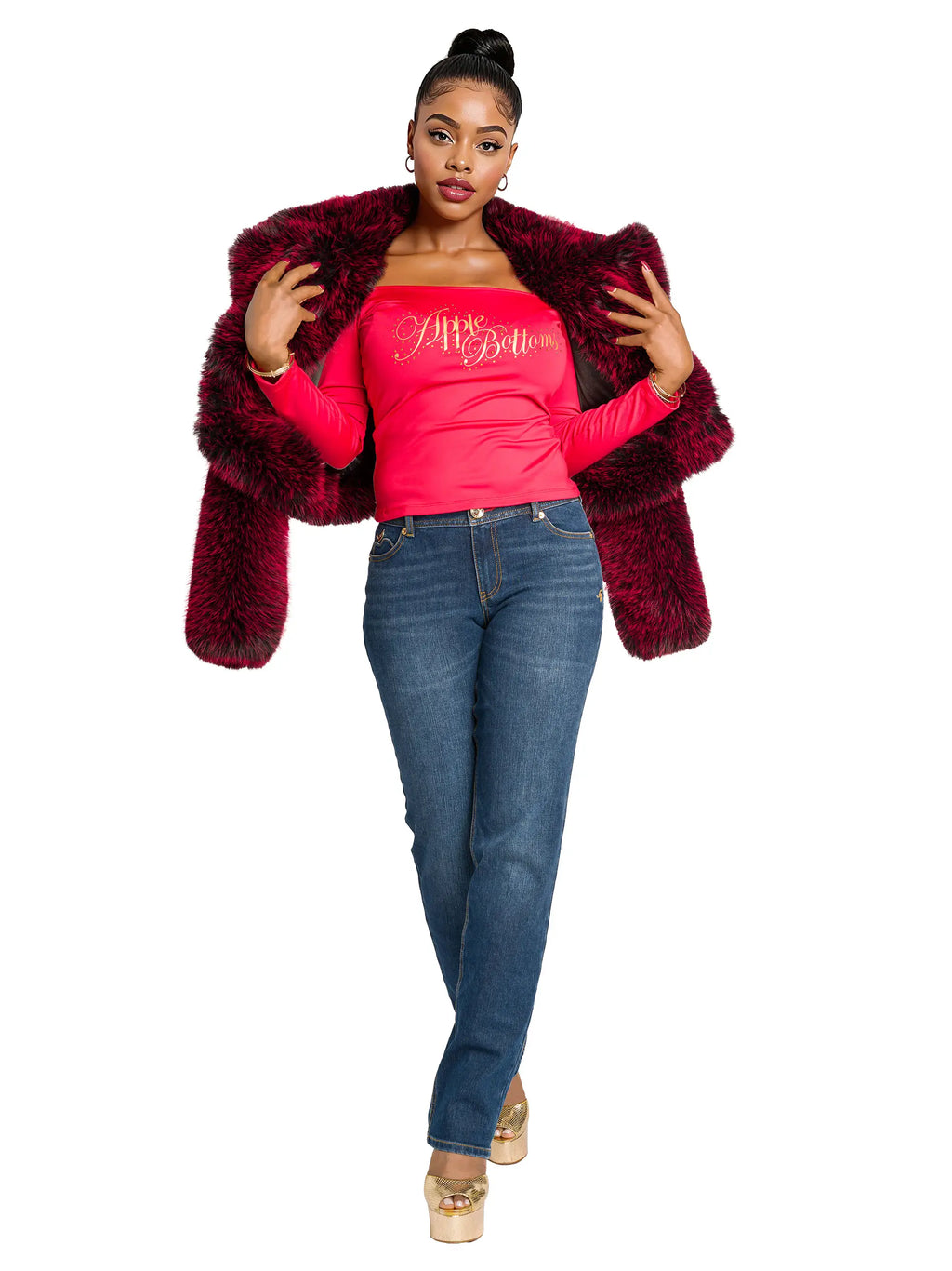 Red Y2K Apple Bottoms fur jacket with exaggerated collar and cropped hem