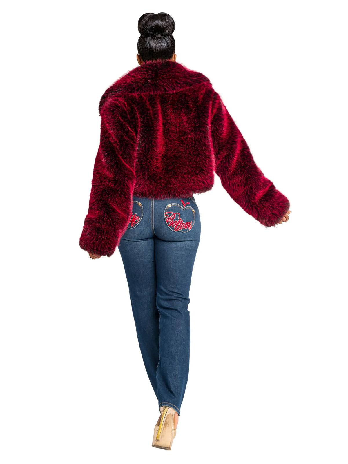 Red Y2K fur jacket with exaggerated collar and cropped hem inspired by Apple Bottoms by Nelly
