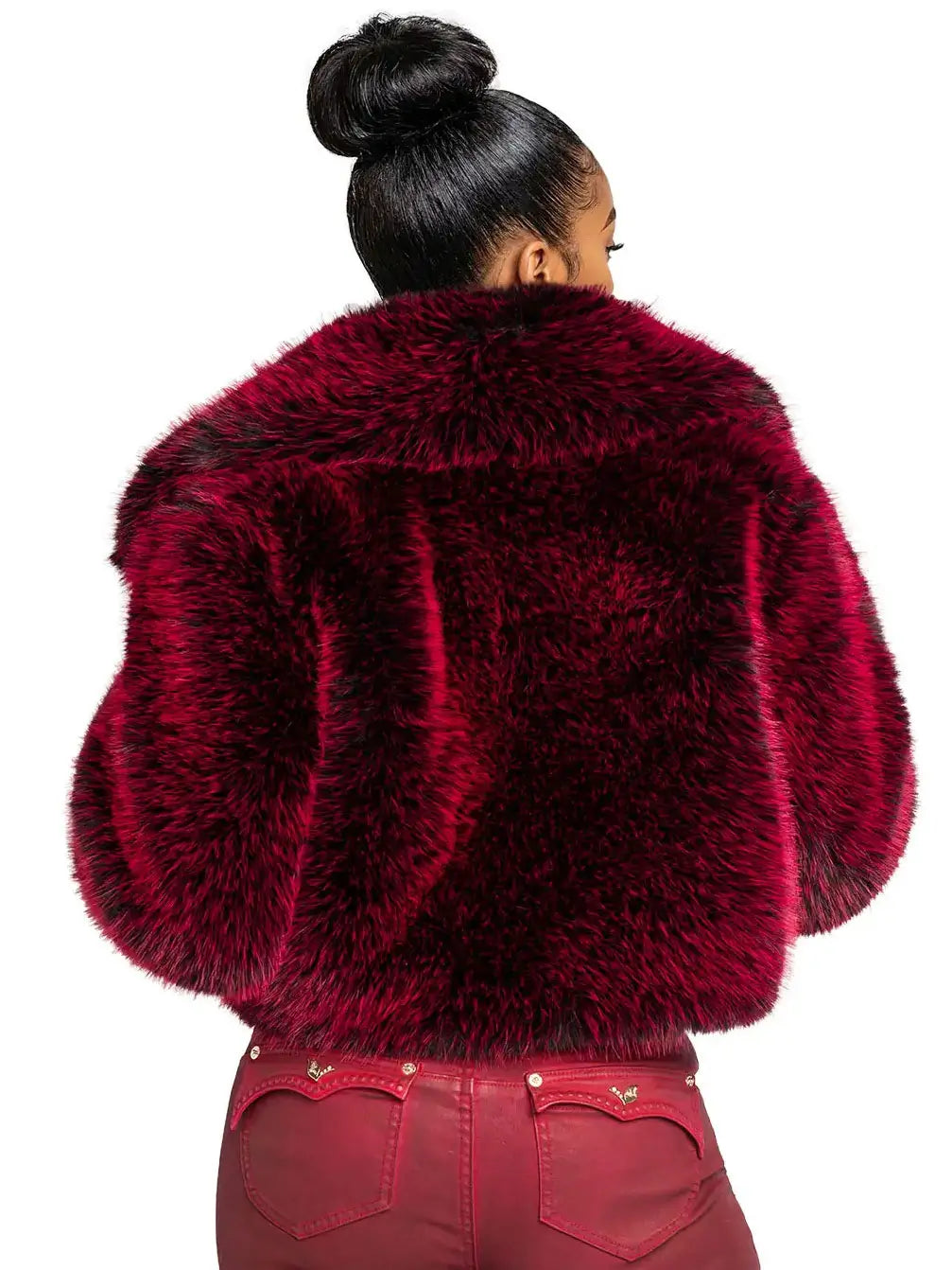 Red Delicious Y2K fur jacket with exaggerated collar and cropped hem in vibrant red faux fur