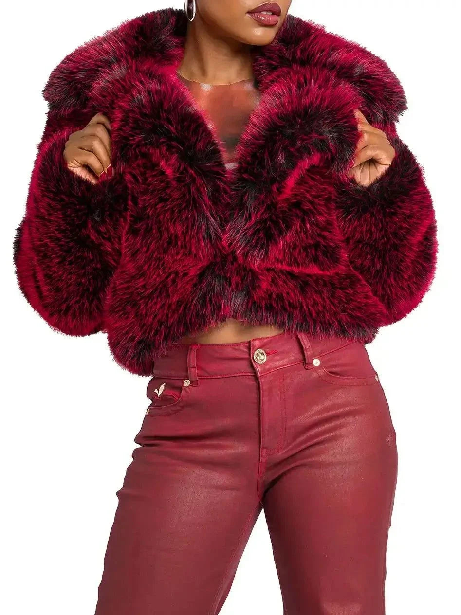 Red Delicious Y2K fur jacket by Apple Bottoms with cropped hem and exaggerated collar in vibrant red