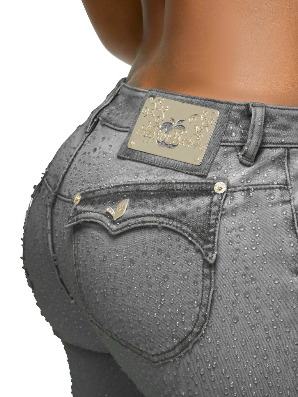 Apple Bottoms varsity jacket paired with Rain on Me Jeans featuring 3D raindrop print and rhinestone accents