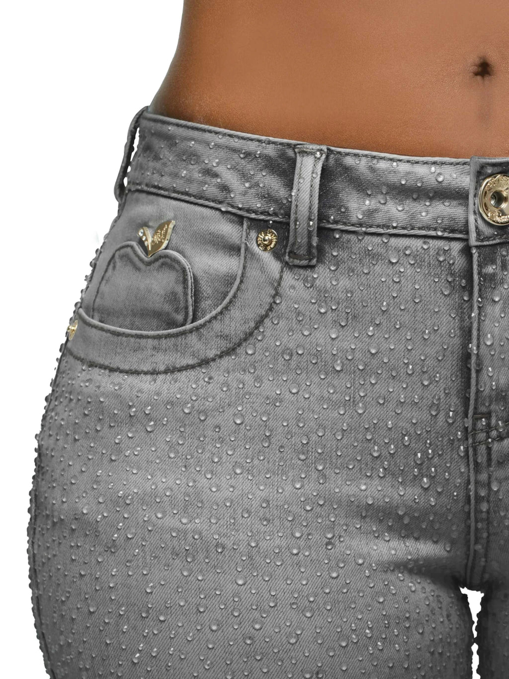 Apple Bottoms varsity jacket paired with black Rain on Me Jeans featuring 3D raindrop print and rhinestone flap pockets