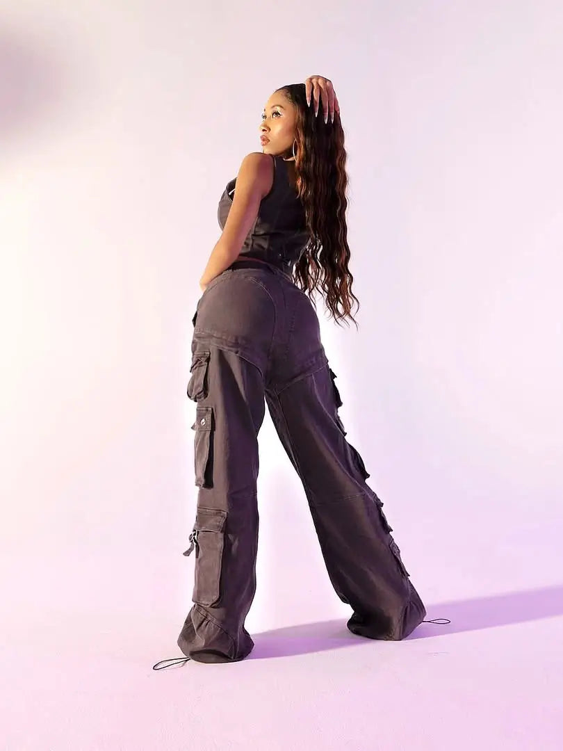 Low-rise stretch twill Apple Bottoms cargo pants in washed grey with oversized pockets and curved seaming