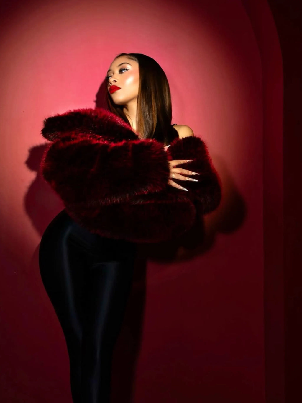 Red Y2K fur jacket with exaggerated collar and cropped hem by Apple Bottoms