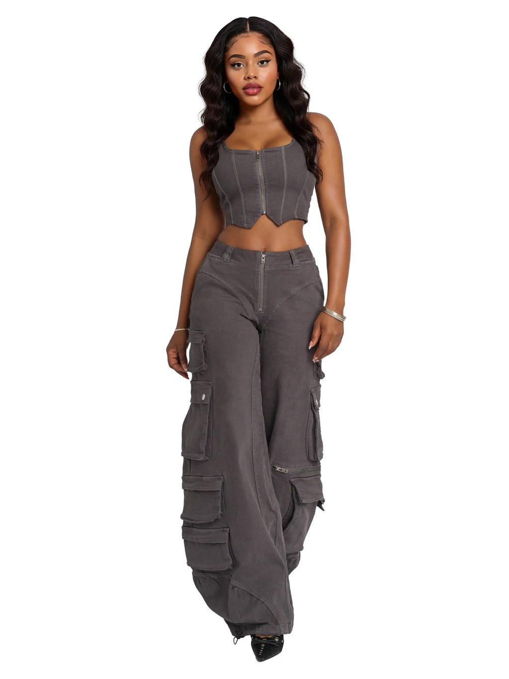 Washed grey Apple Bottoms stretch twill bustier vest with sweetheart hem and paneled seams