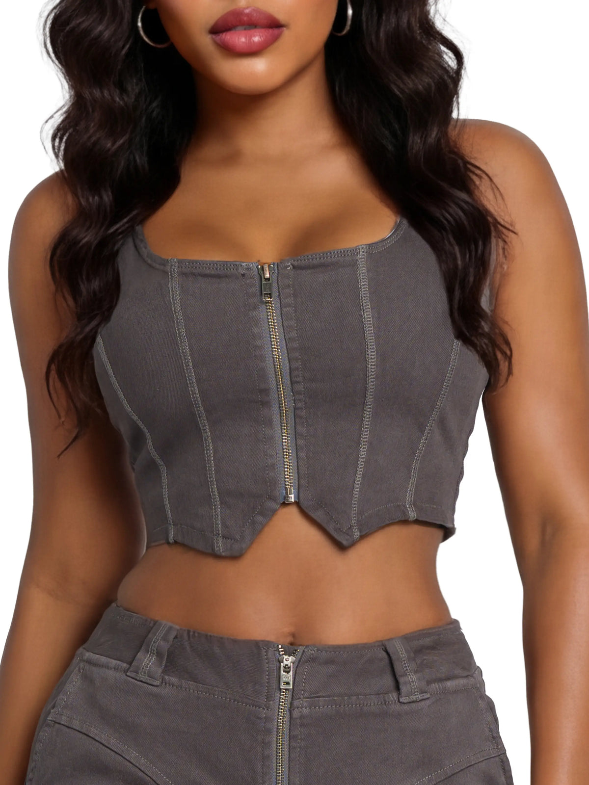 Washed grey Apple Bottoms stretch twill bustier vest with sweetheart hem and paneled seams