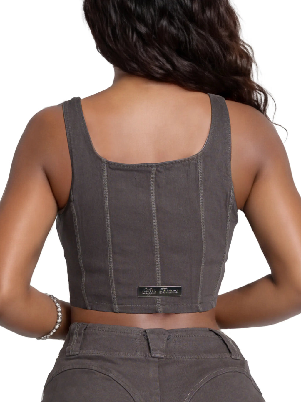 Washed grey Apple Bottoms stretch twill bustier vest with sweetheart hem and exposed stitching