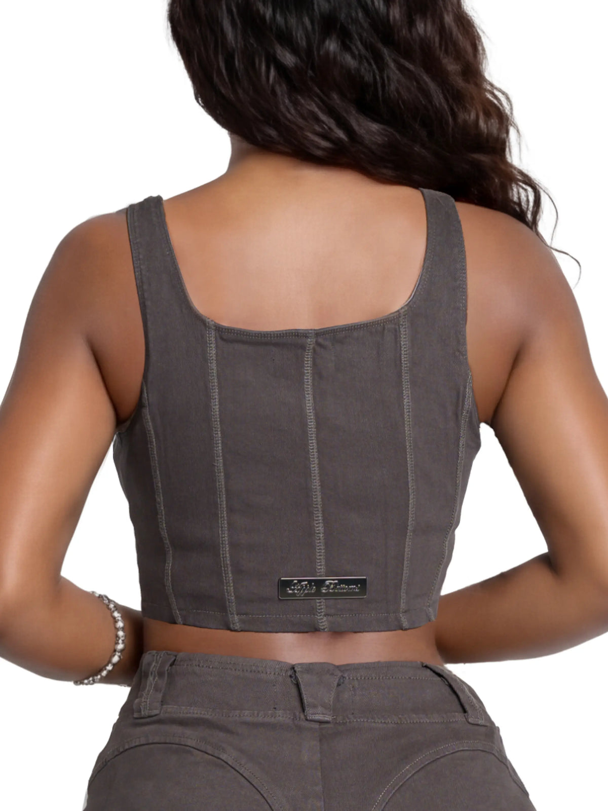 Washed grey Apple Bottoms stretch twill bustier vest with sweetheart hem and exposed stitching