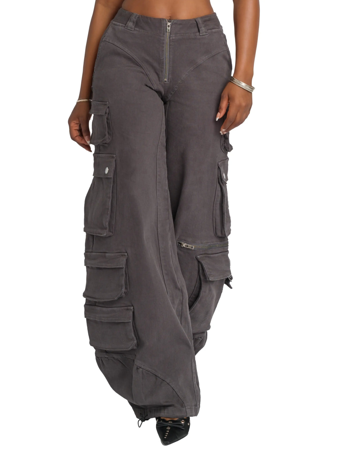 Grey low-rise stretch twill Apple Bottoms cargo pants with oversized pockets and wide legs