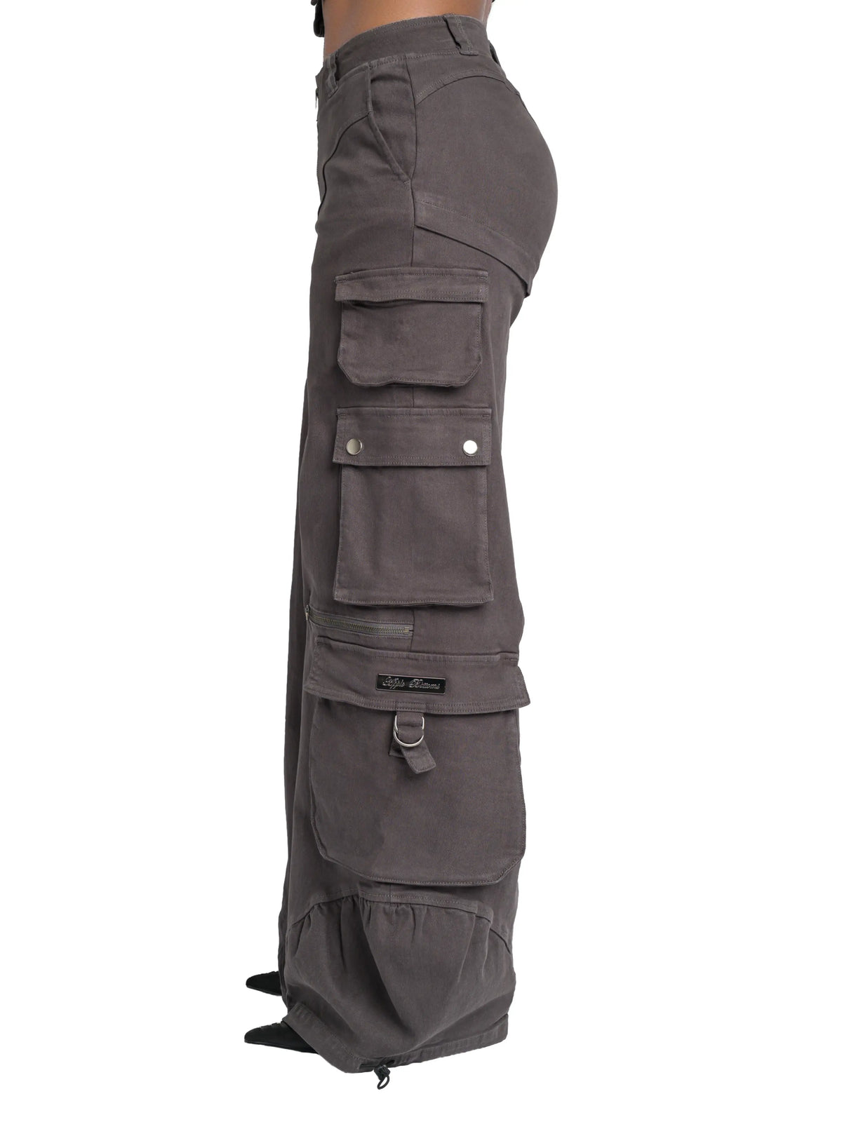 Low-rise stretch twill cargo pants by Apple Bottoms Brand with wide barrel leg and oversized pockets