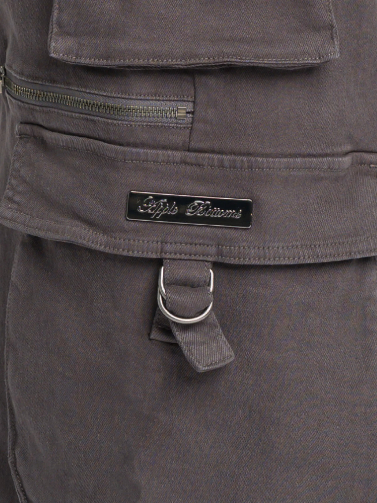 Low-rise grey stretch twill cargo pants by Apple Bottoms with wide legs and oversized pockets