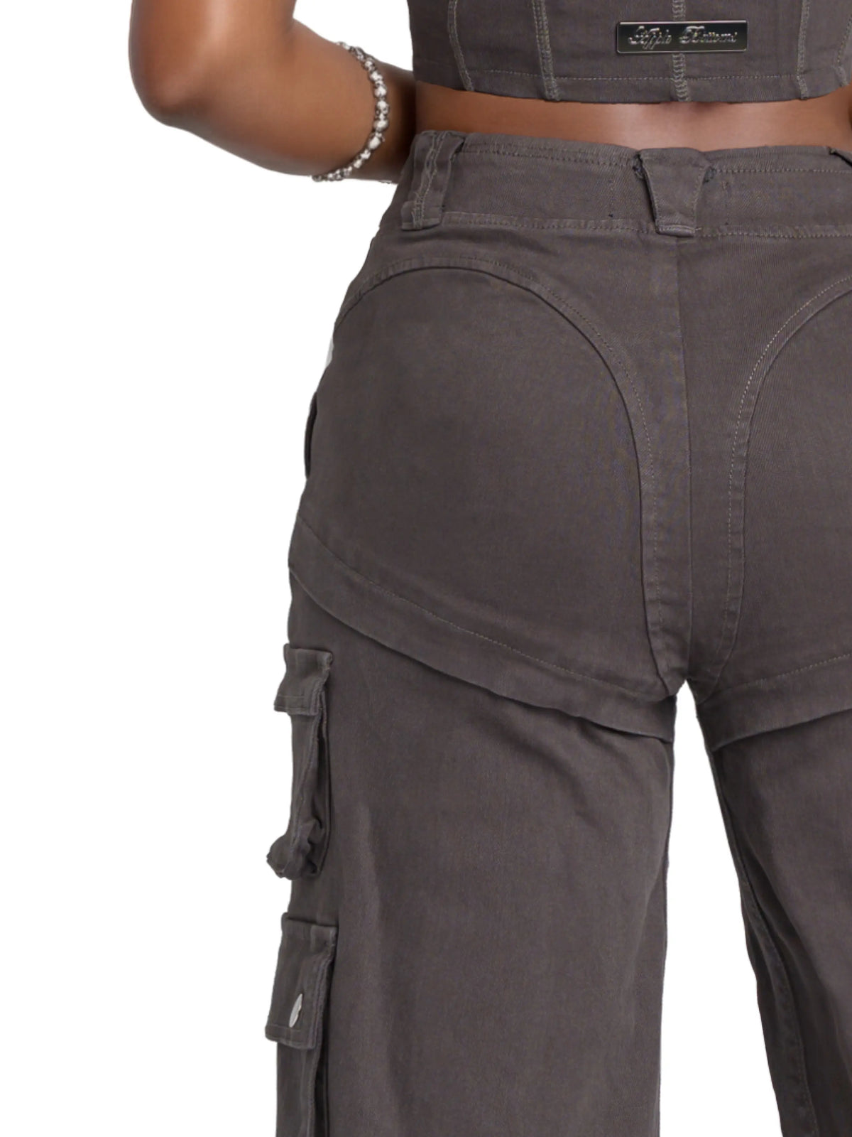 Low-rise Apple Bottoms stretch twill cargo pants in washed grey with wide legs and oversized pockets