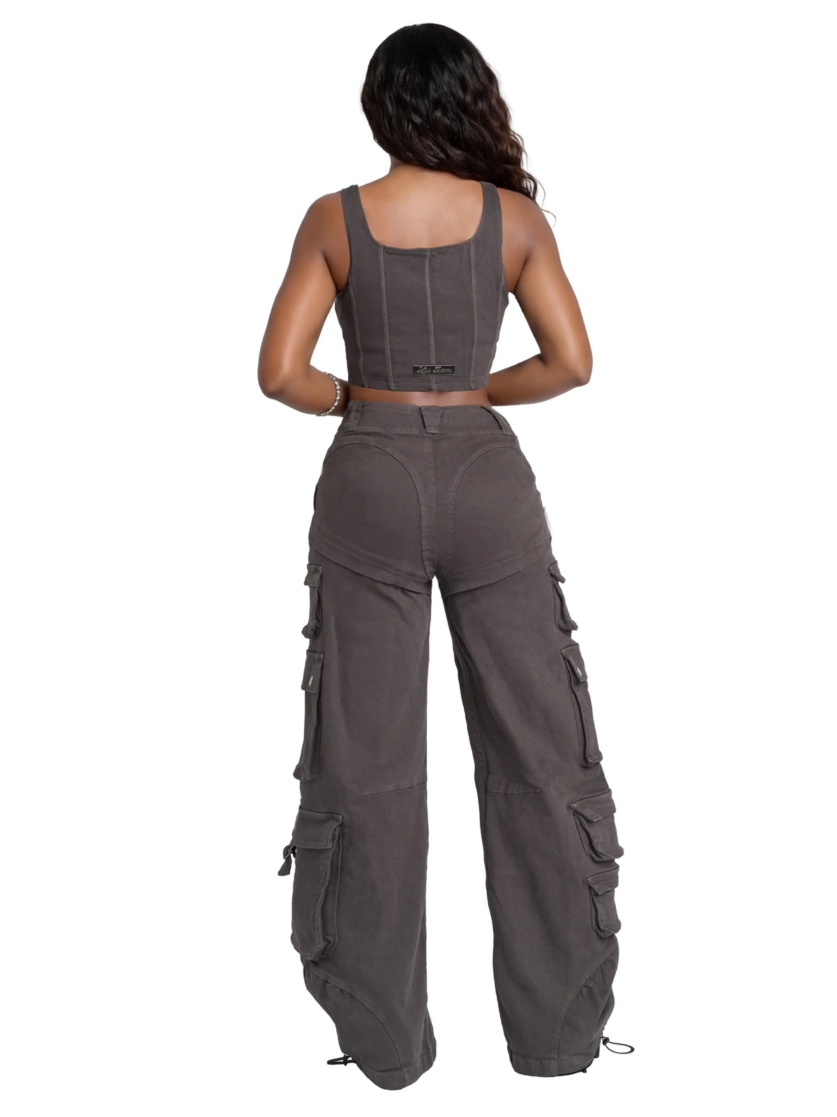 Low-rise stretch twill cargo pants by Apple Bottoms with drawstring bottom and oversized pockets in washed grey