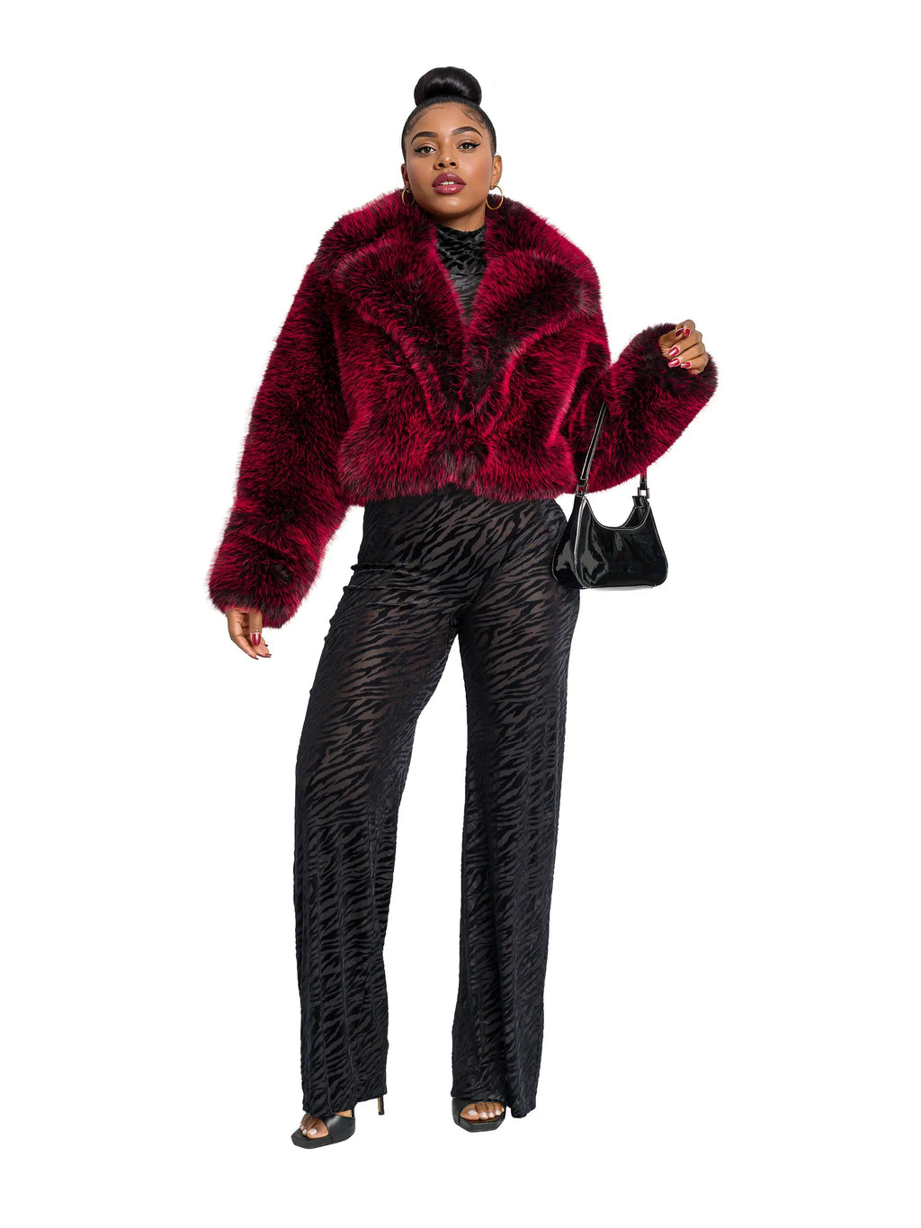 Red Delicious Apple Bottoms Y2K fur jacket with exaggerated collar and cropped hem in vibrant red
