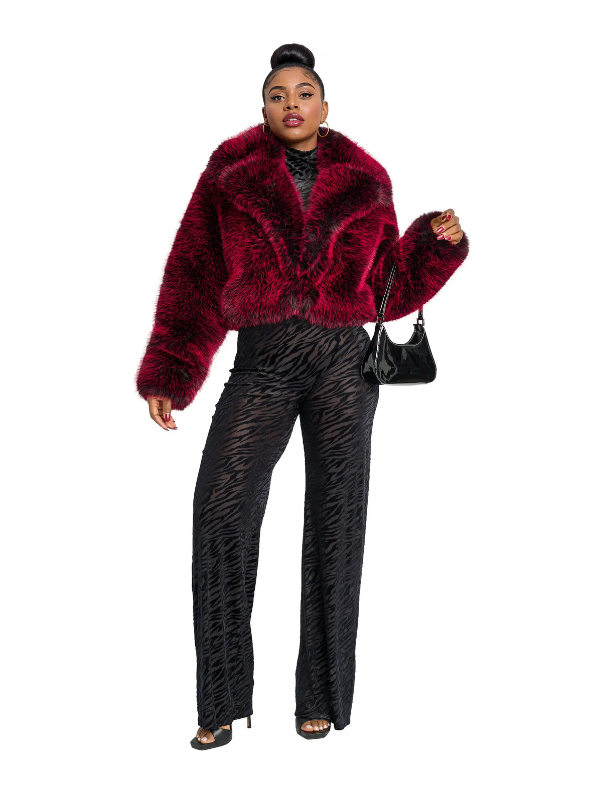 Red Delicious Apple Bottoms Y2K fur jacket with exaggerated collar and cropped hem in vibrant red